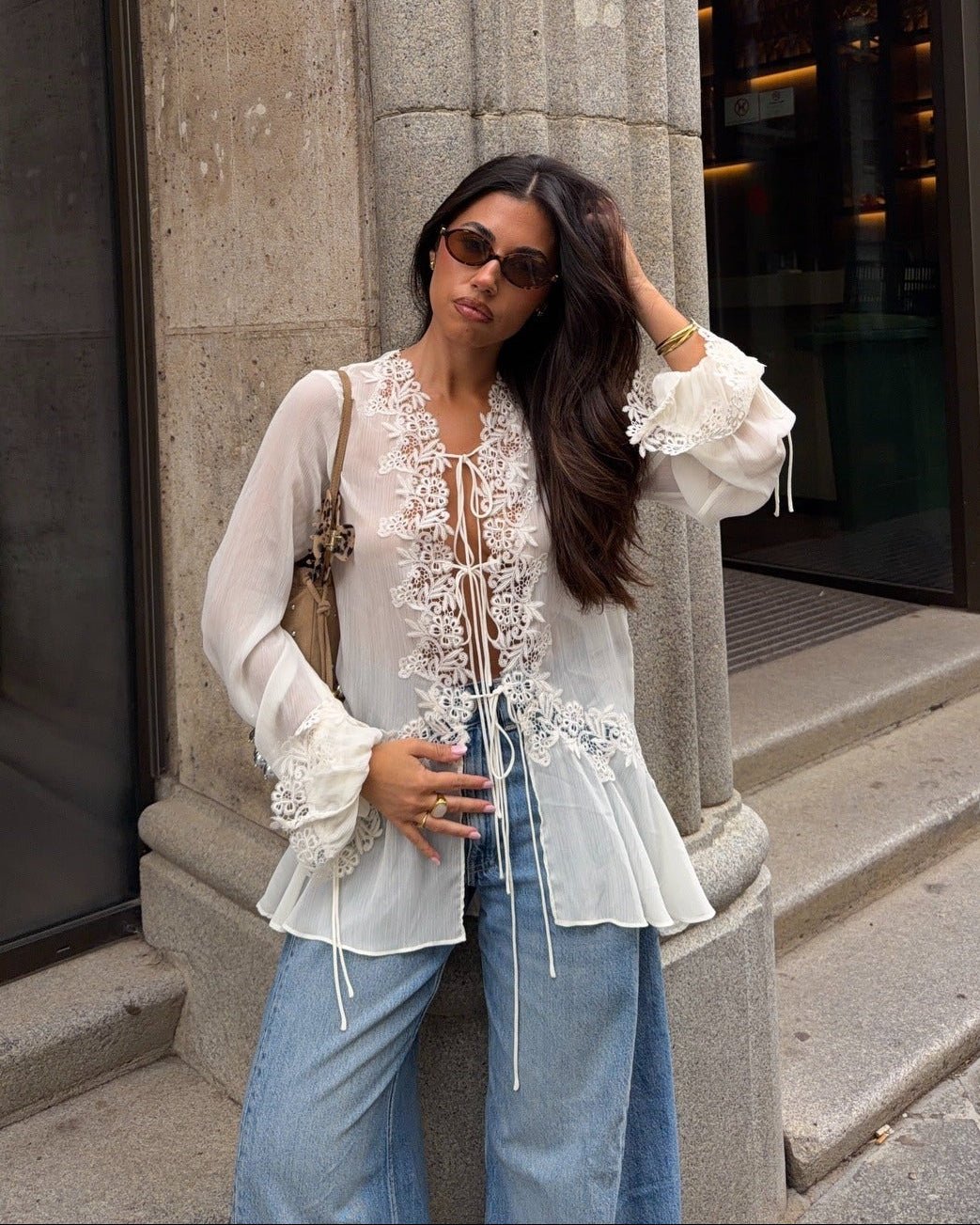 ZEYA - Halle Front-Tie Lace Appliqué Top