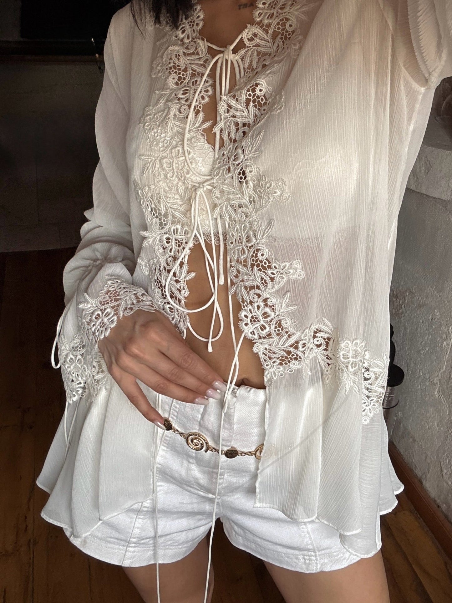 ZEYA - Halle Front-Tie Lace Appliqué Top