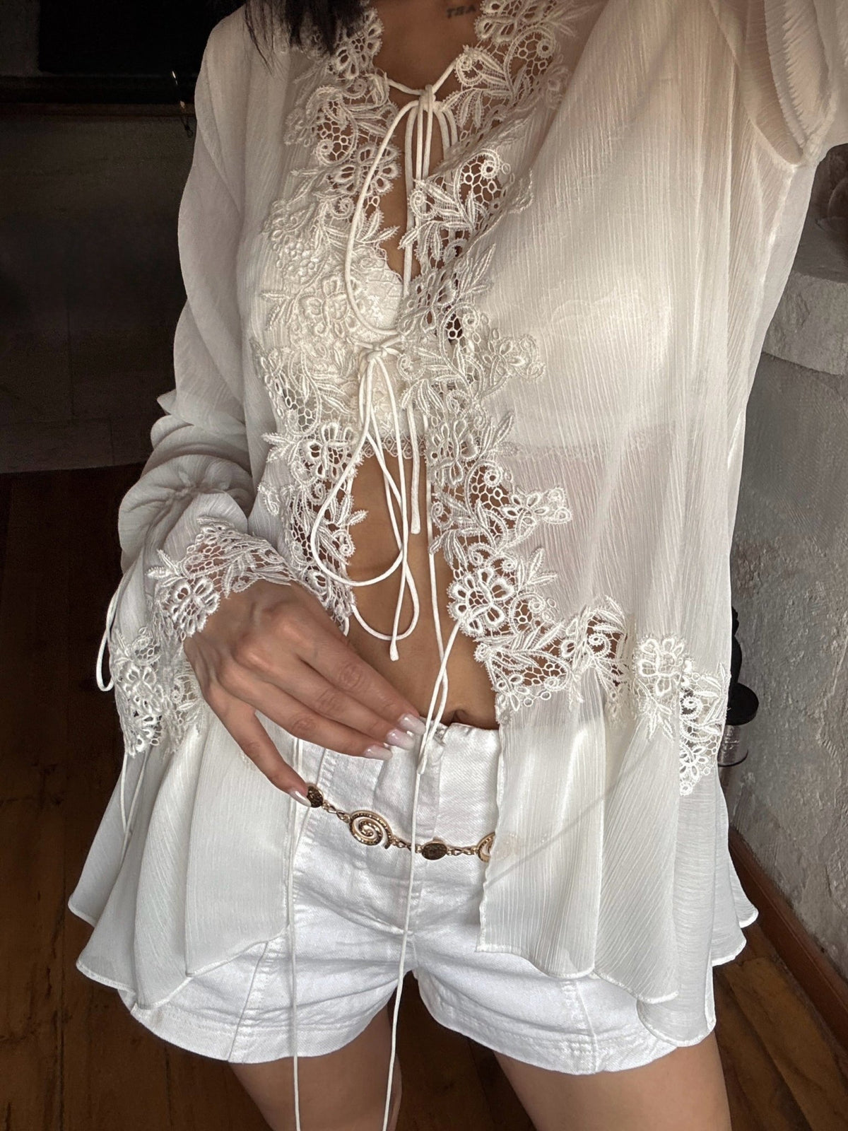 ZEYA - Halle Front-Tie Lace Appliqué Top