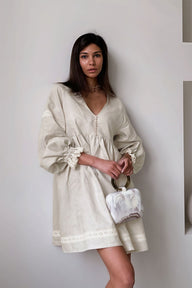 Robe courte Hermione en coton et lin à manches lanterne et col en V