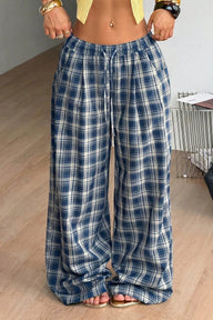 Jessica Plaid Wide Leg Drawstring Pants