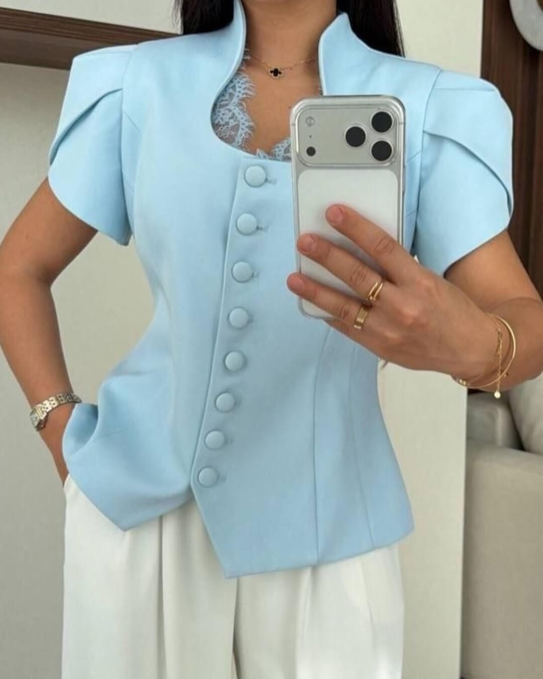 Leah Button Front Stand Collar Top