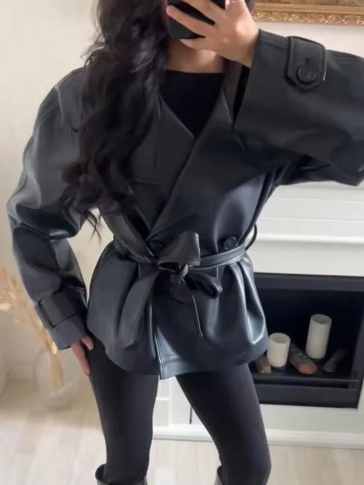 ZEYA - Julie Faux Leather Lace-Up Trench Coat