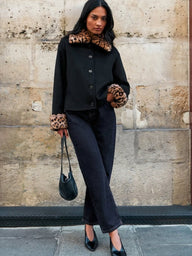 Lily Leopard Faux Fur Trim Button-Up Jacket