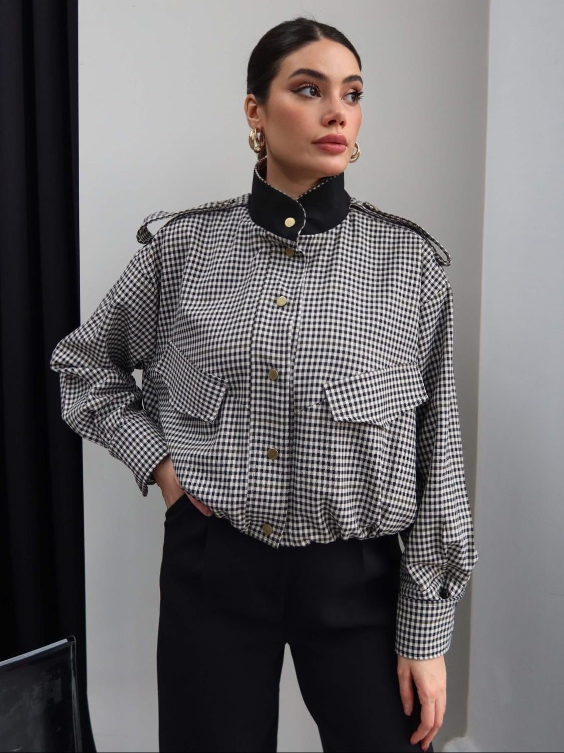 ZEYA - Lisa High Neck Checked Bomber Jacket