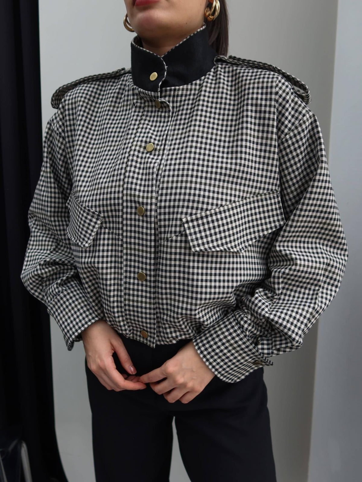 ZEYA - Lisa High Neck Checked Bomber Jacket