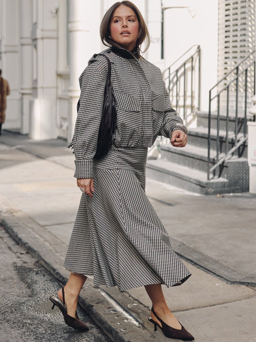 ZEYA - Lisa High Neck Checked Bomber Jacket