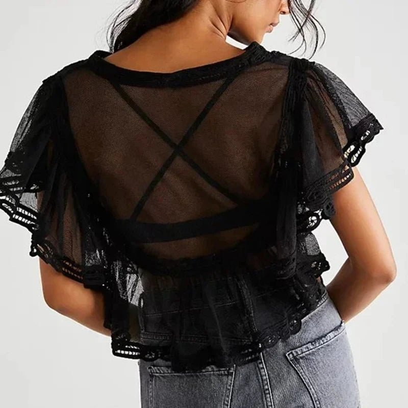 ZEYA - Maia Sheer Chiffon Lace Trim Crop Blouse
