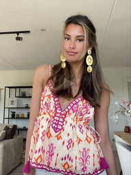 Mia Embroidered Boho Tassel Tie Cami Top