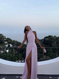 Robe longue plissée à col halter Neve