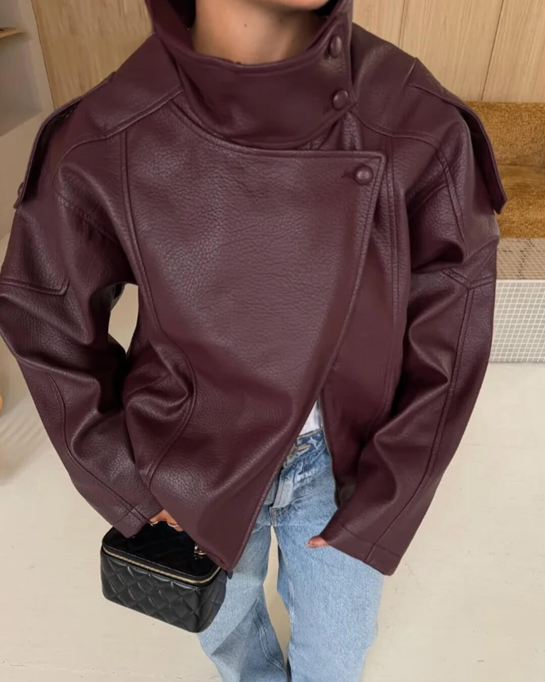 ZEYA - Nikka Faux Leather Stand Collar Jacket