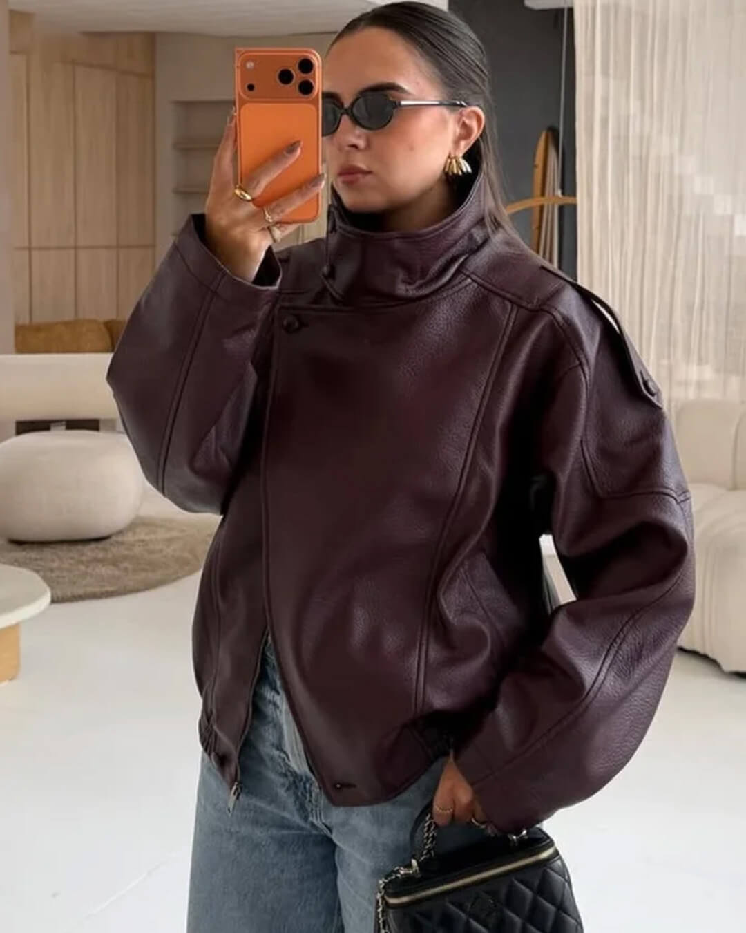 ZEYA - Nikka Faux Leather Stand Collar Jacket