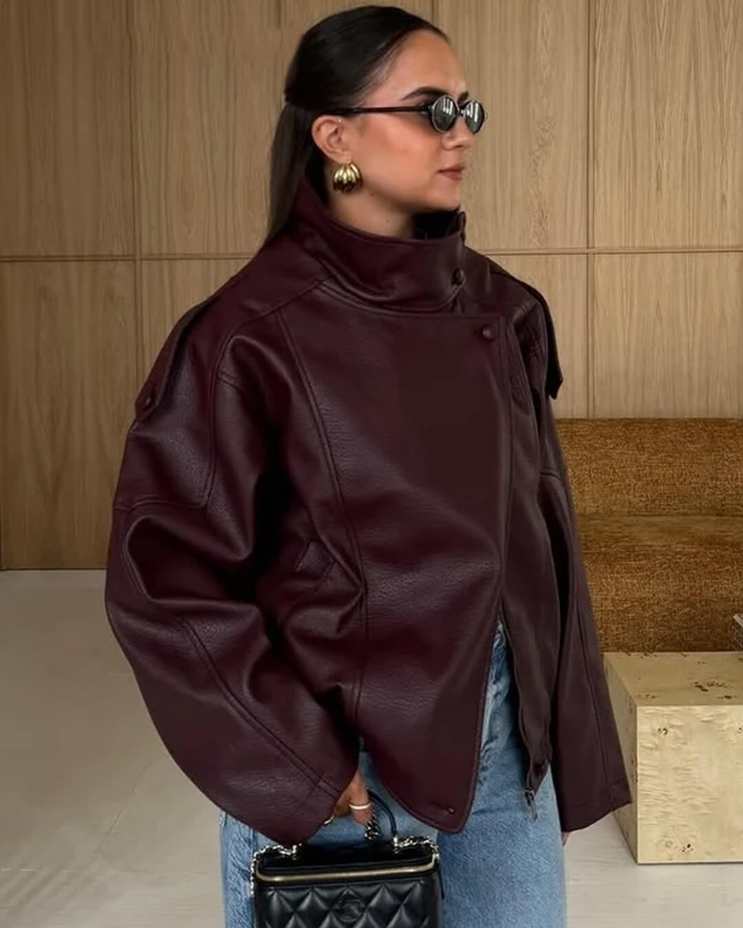 ZEYA - Nikka Faux Leather Stand Collar Jacket