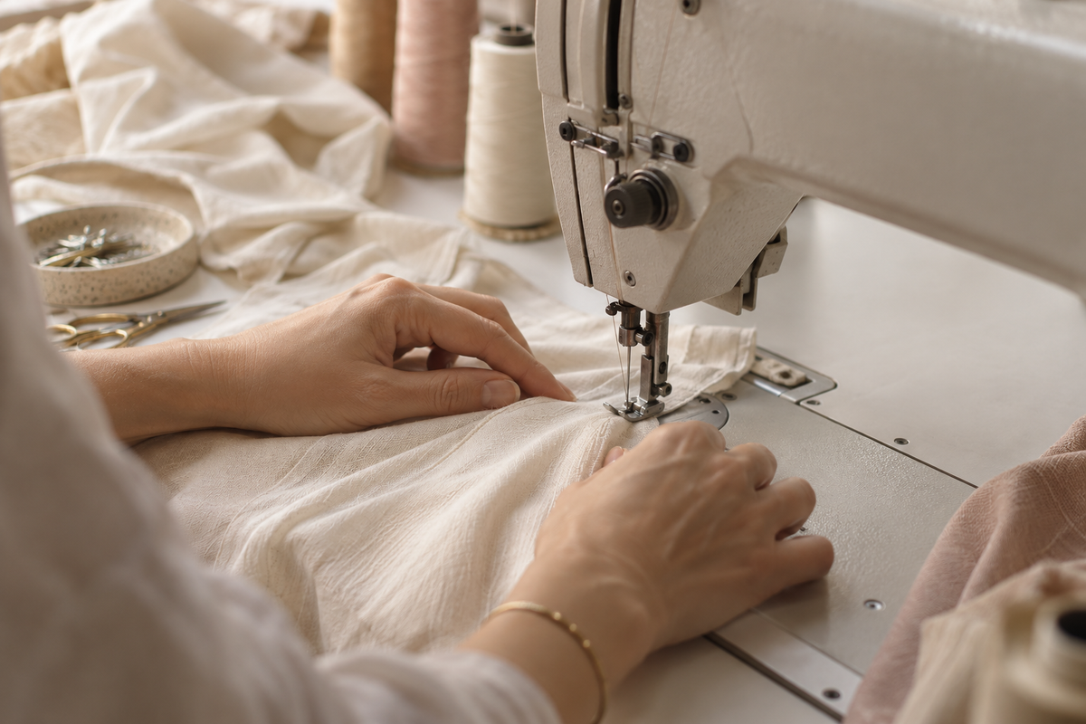 Illustration générée par IA de mains guidant un tissu à travers une machine à coudre.