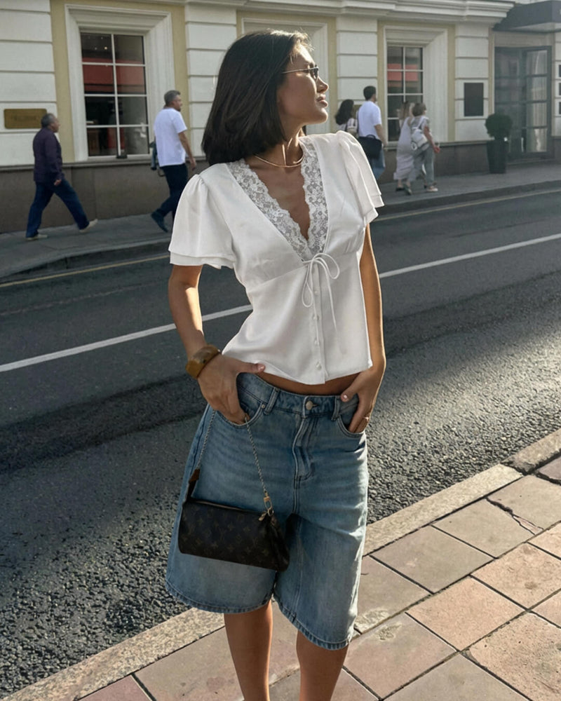 ZEYA - Roselle Lace Short Sleeve V - Neck Top