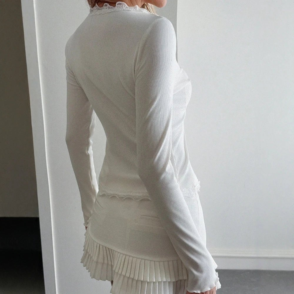 ZEYA - Sabine Ribbed Lace Trim V-Neck Blouse