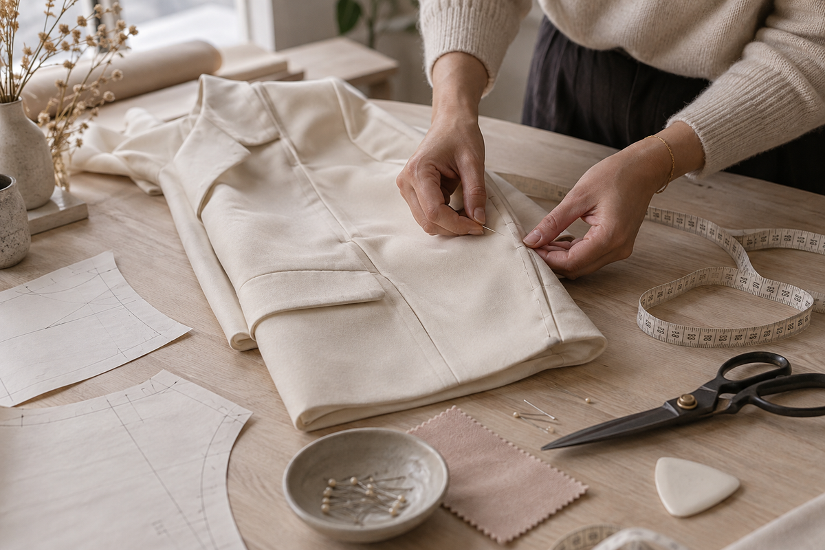 Illustration générée par IA de mains épinglant un échantillon de veste crème.