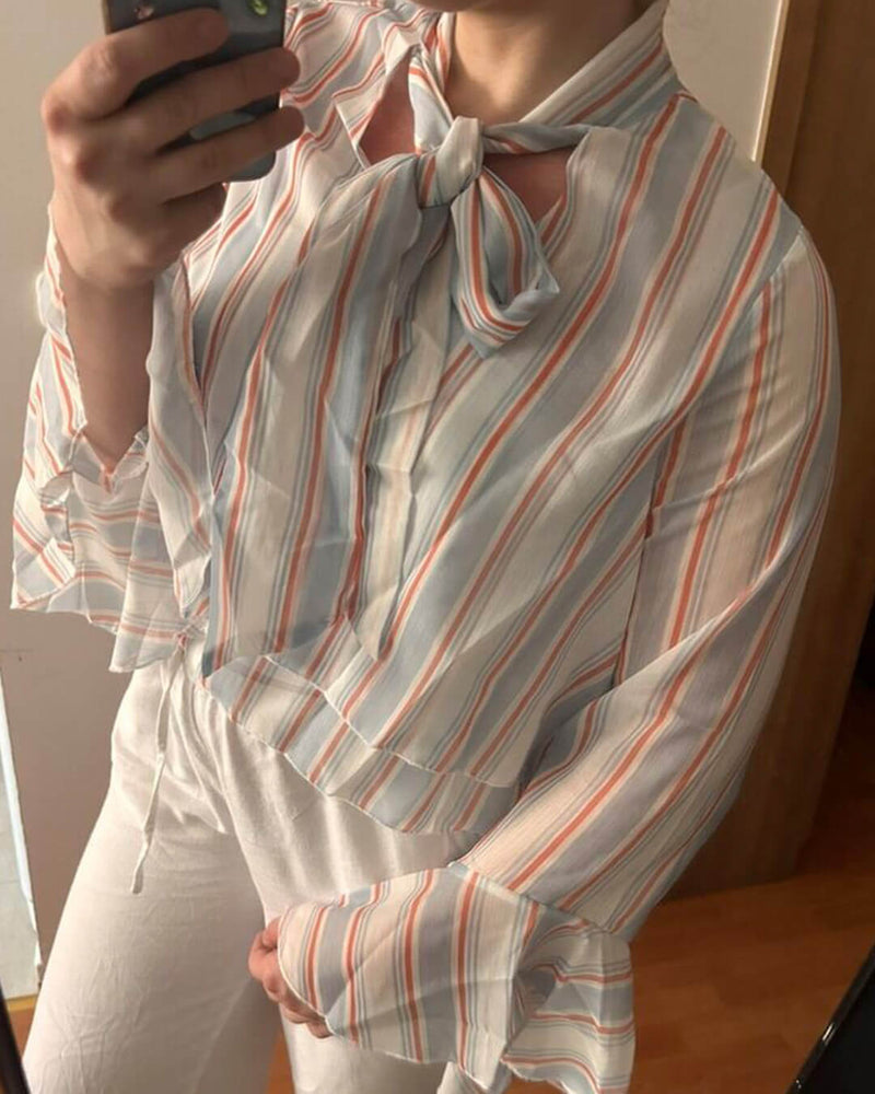ZEYA - Sandra Stripe Ruffle Tie-Neck Blouse