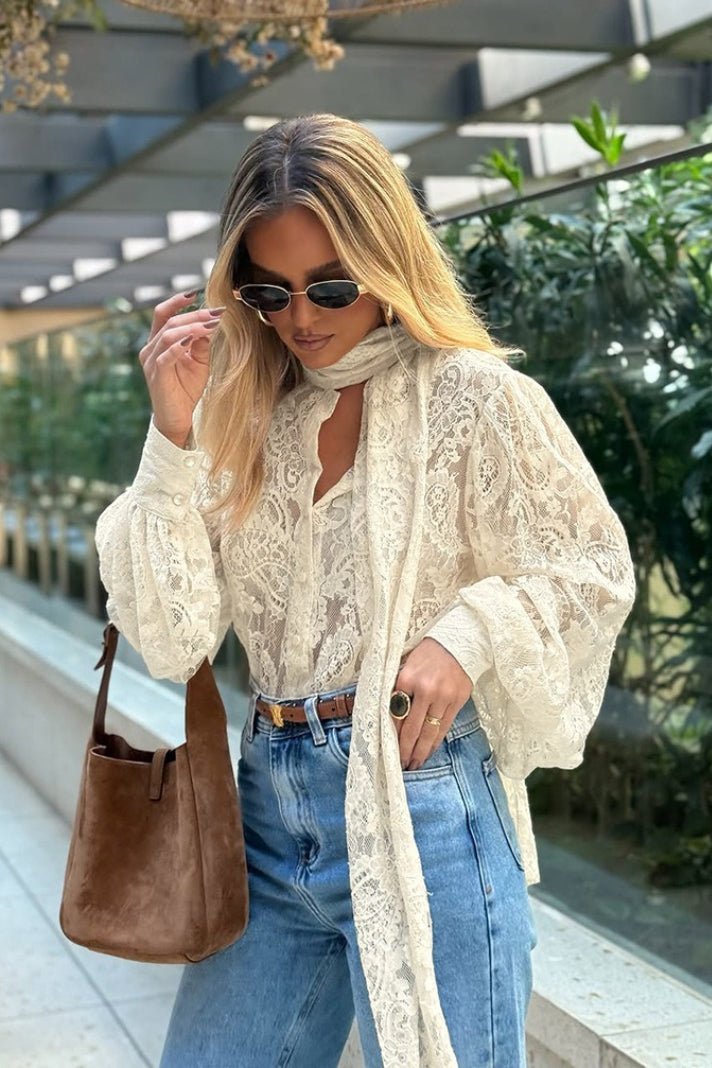 ZEYA - Sandrine Sheer Lace Tie Blouse