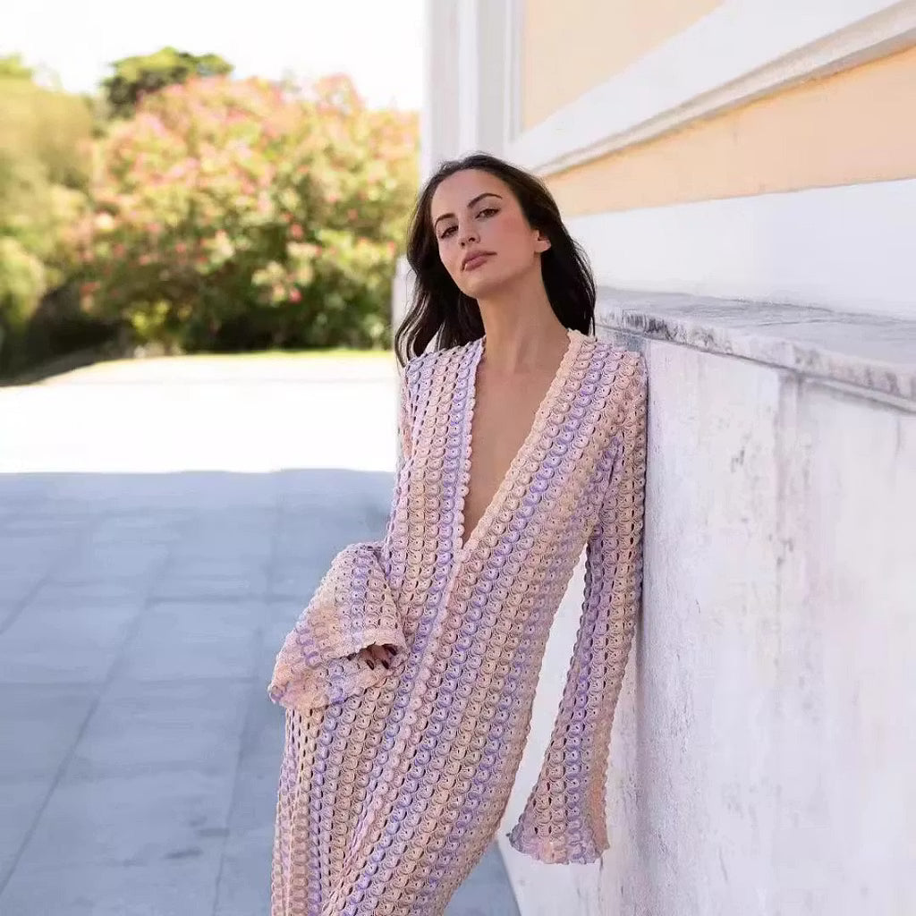 Sophia robe maxi rayée en crochet à manches évasées