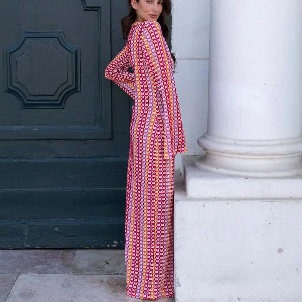 Sophia robe maxi rayée en crochet à manches évasées