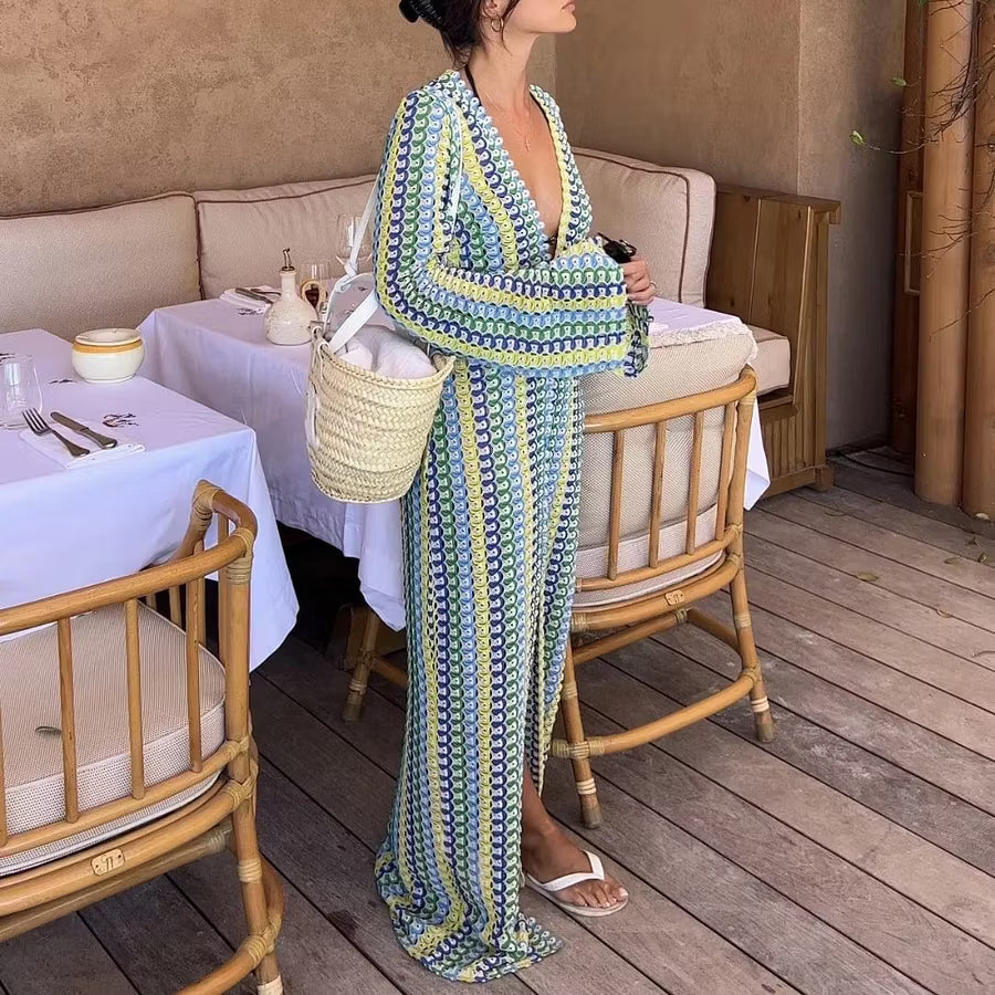 Sophia robe maxi rayée en crochet à manches évasées