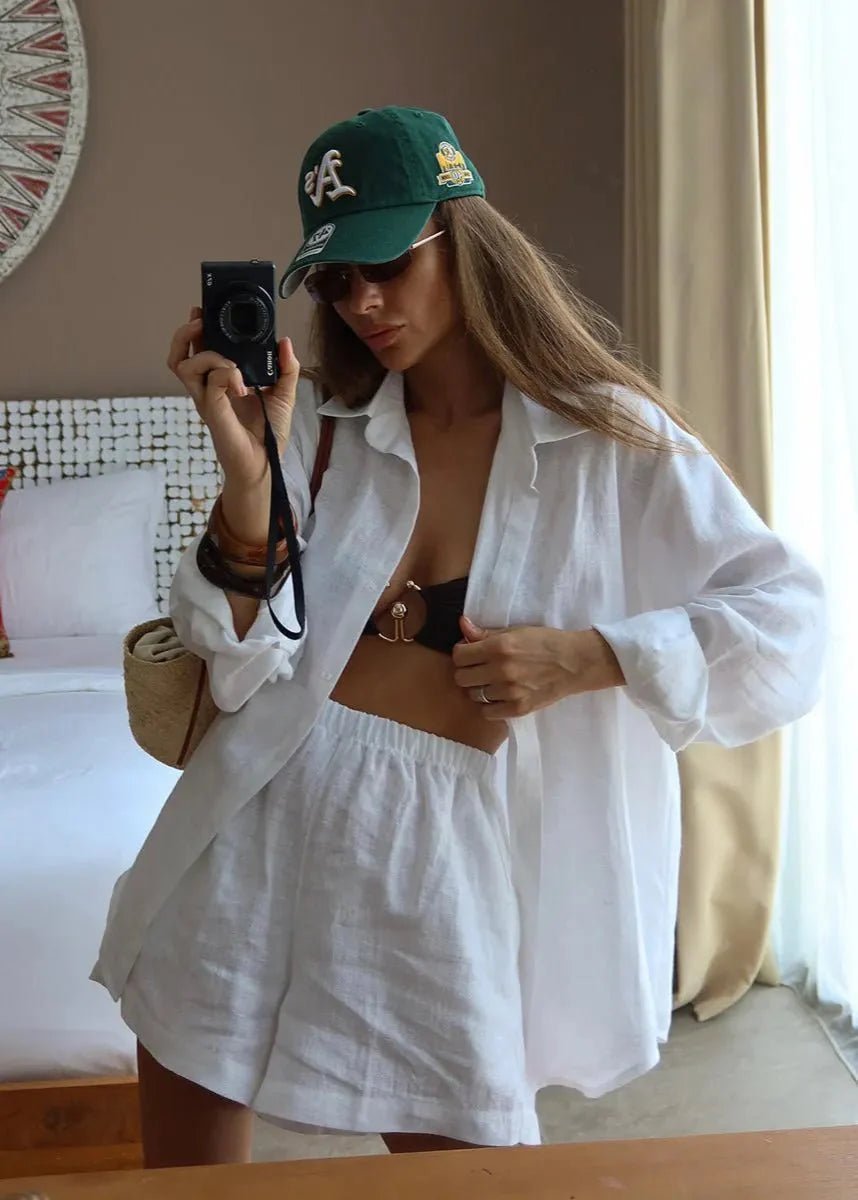 ZEYA - Sophia White Linen Shirt and Shorts Set