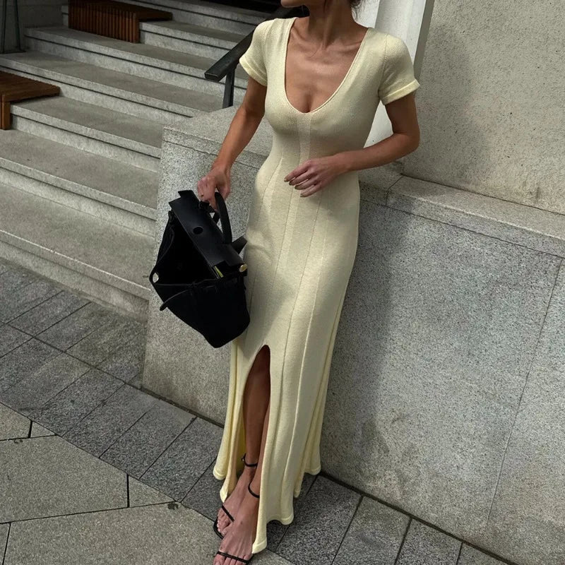 ZEYA - Suri Ribbed Knit Maxi Dress Deep V-Neck High Slit