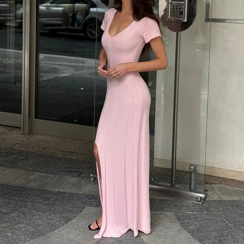 ZEYA - Suri Ribbed Knit Maxi Dress Deep V - Neck High Slit