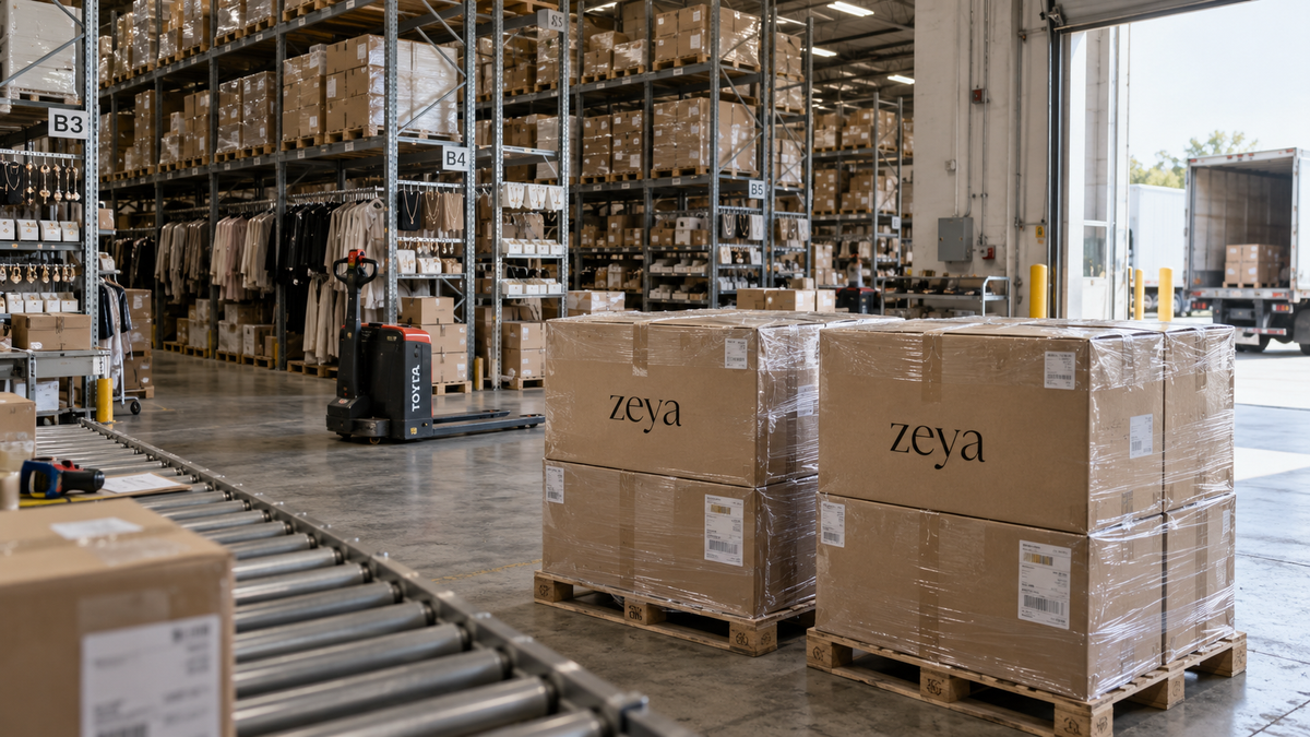 ZEYA warehouse receiving area with zeya-branded pallets beside a loading bay and stocked racks