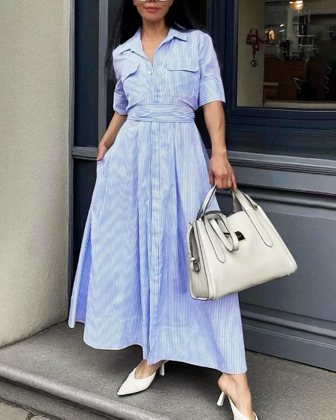 ZEYA - Winona Striped Lace-Up Collar Maxi Dress