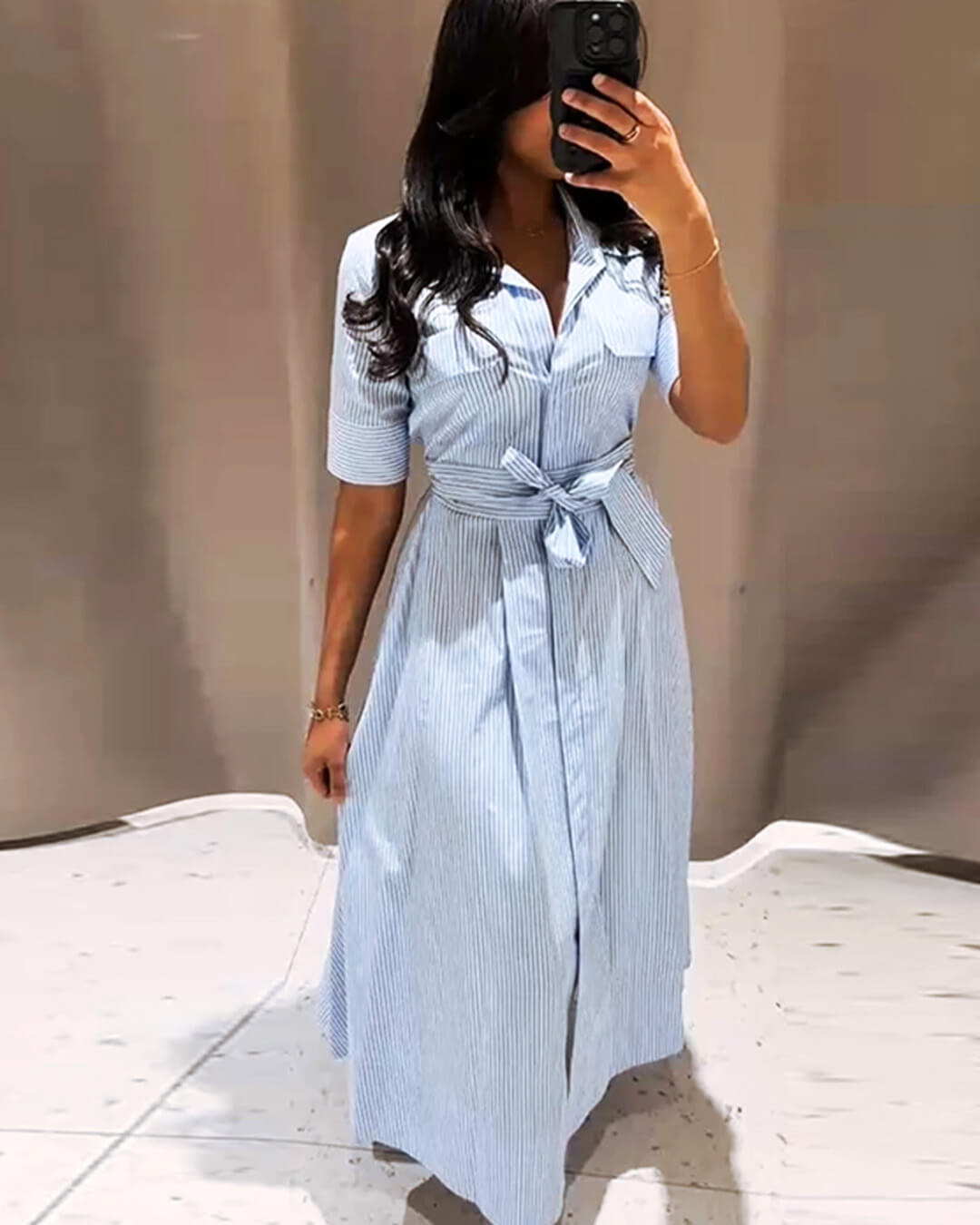 ZEYA - Winona Striped Lace-Up Collar Maxi Dress