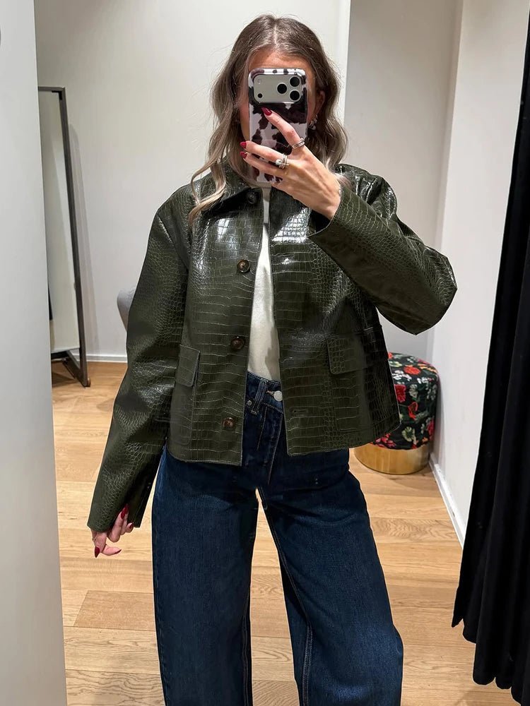 ZEYA - Zoe Crocodile Embossed Leather Jacket
